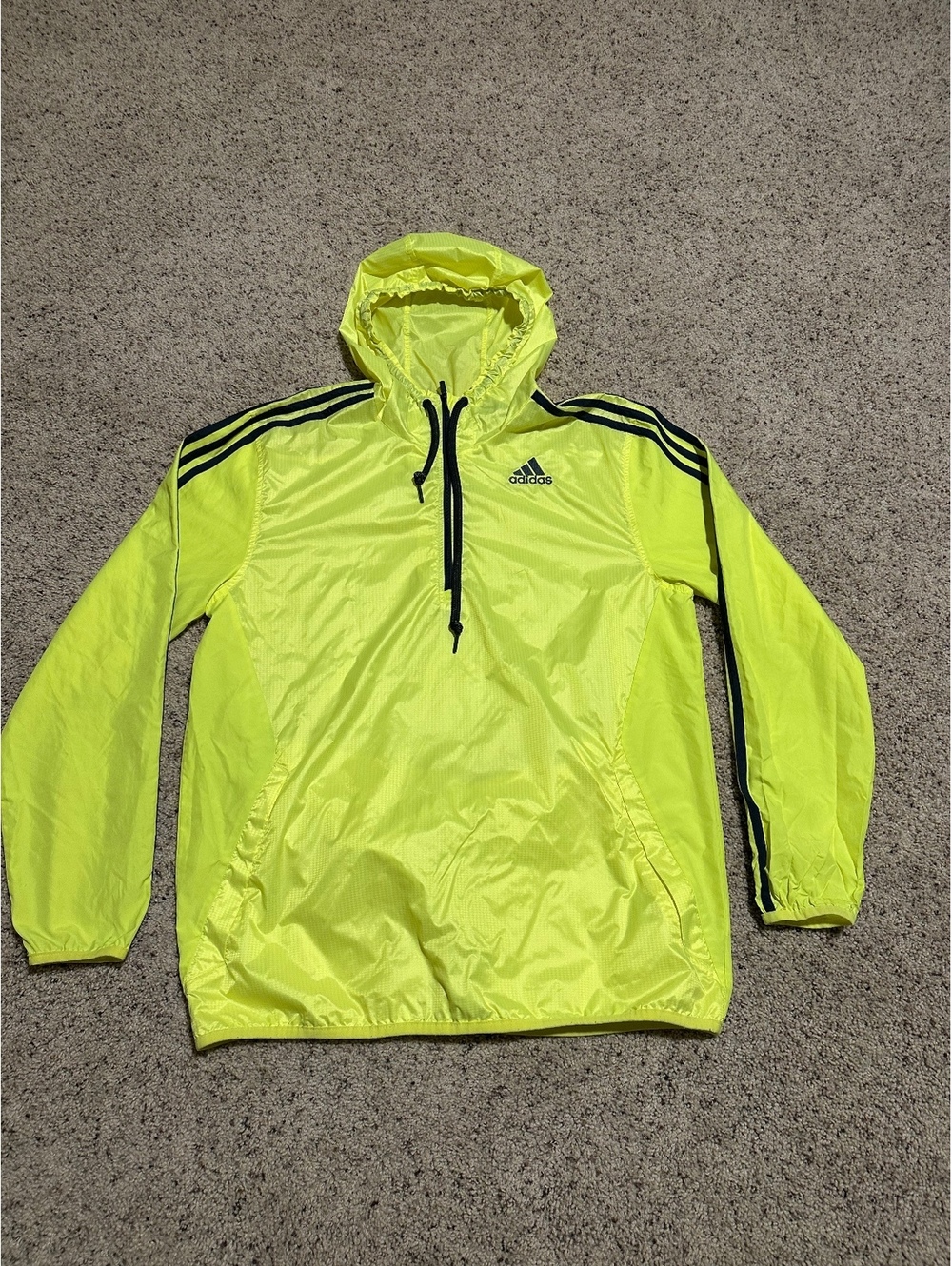 Adidas Neon Yellow Lightweight Windbreaker Jacket with Hood and Black Stripes M